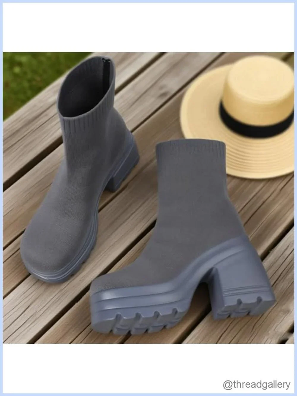 Comfortable Square Toe Slip On Stretch Knit Platform Block Heel Ankle Boots